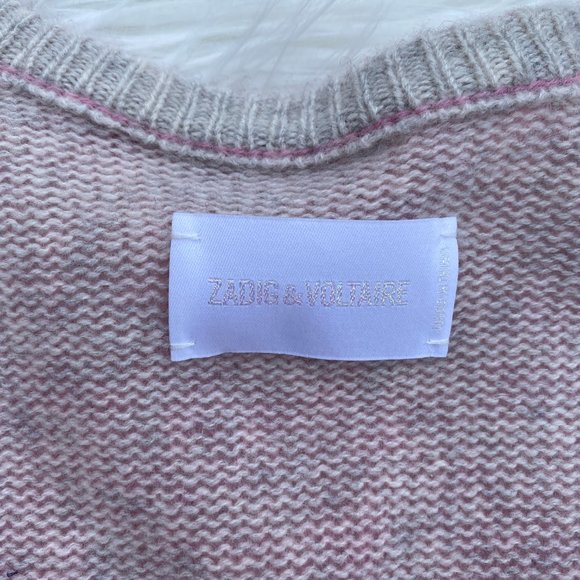 Zadig & Voltaire Kany C Short Sleeve Cashmere Sweater Pink Logo - Picture 3 of 6